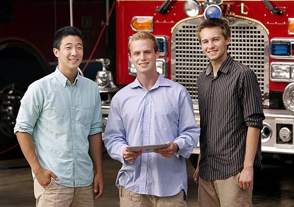 Rising sophomores Eddie Zhou, Charlie Jacobson and James Siderius, are creating FireStop, a mobile database that gives firefighters fast access to critical information. (Photo by Frank Wojciechowski)