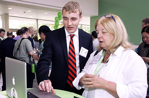 Jack Hudson, left, teamed up with his freshman year roommate to start a company to teach American Sign Language. Here he discusses the company during the Keller Center's annual eLab program for helping students build entrepreneurial ventures. (Photo by Frank Wojciechowski for the Office of Engineering Communications)