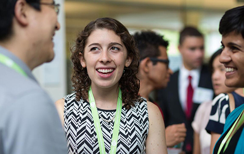 Hannah Miller, center, has participated in several Keller Center programs including serving on the center's student advisory board and finding an internship with a startup company. Here she talks with fellow students at Keller's eLab Demo Day in 2014. (Photo by Victoria Sulewski/Fotobuddy for the Office of Engineering Communications)